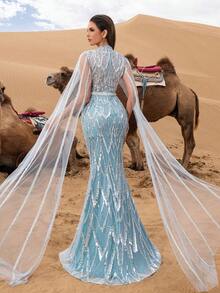 Đầm dạ hội maxi dáng đuôi cá lãng mạn dành cho nữ, được đính sequin và hạt cườm cầu kỳ, cổ đứng và tay áo choàng dài, hoàn hảo cho dạ hội hoặc các sự kiện. - Màu xanh lam - Xem 1