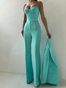 Women's Suit Suit Simple Solid Color Elegant Temperament Fashion Casual Urban Commuter Suit Set Sexy Suspender Bra Loose Drape Pants Long Sleeve Lapel Button Coat Business Etiquette Clothing Three-Piece Set - 綠色 - 查看 6