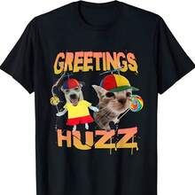 Funny Greetings Huzz T-Shirt, Humor Cat Shirt, Short Sleeve Tee For Men Women, Top Shirt Gift For Bo - 黑色 - 查看 1