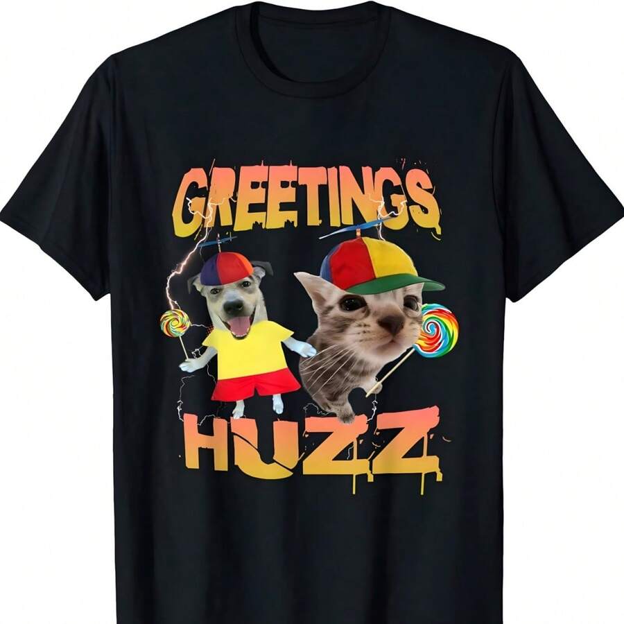 Funny Greetings Huzz T-Shirt, Humor Cat Shirt, Short Sleeve Tee For Men Women, Top Shirt Gift For Bo - 黑色 - 查看 1