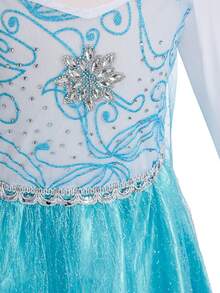 3pcs/Set Girls Blue Princess Dress, Mesh Design Long Sleeve Children Dress, Girls Party Costume, Suitable For Holiday Party, Children Holiday Gift - Blue - View 3