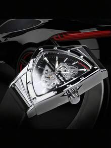 T-WINNER 1pc Fashionable Sports Mechanical Men's Watch, Luminous Pointer, Rubber Strap, Business Casual Automatic Mechanical Watch, Gift Box - Silver - View 2