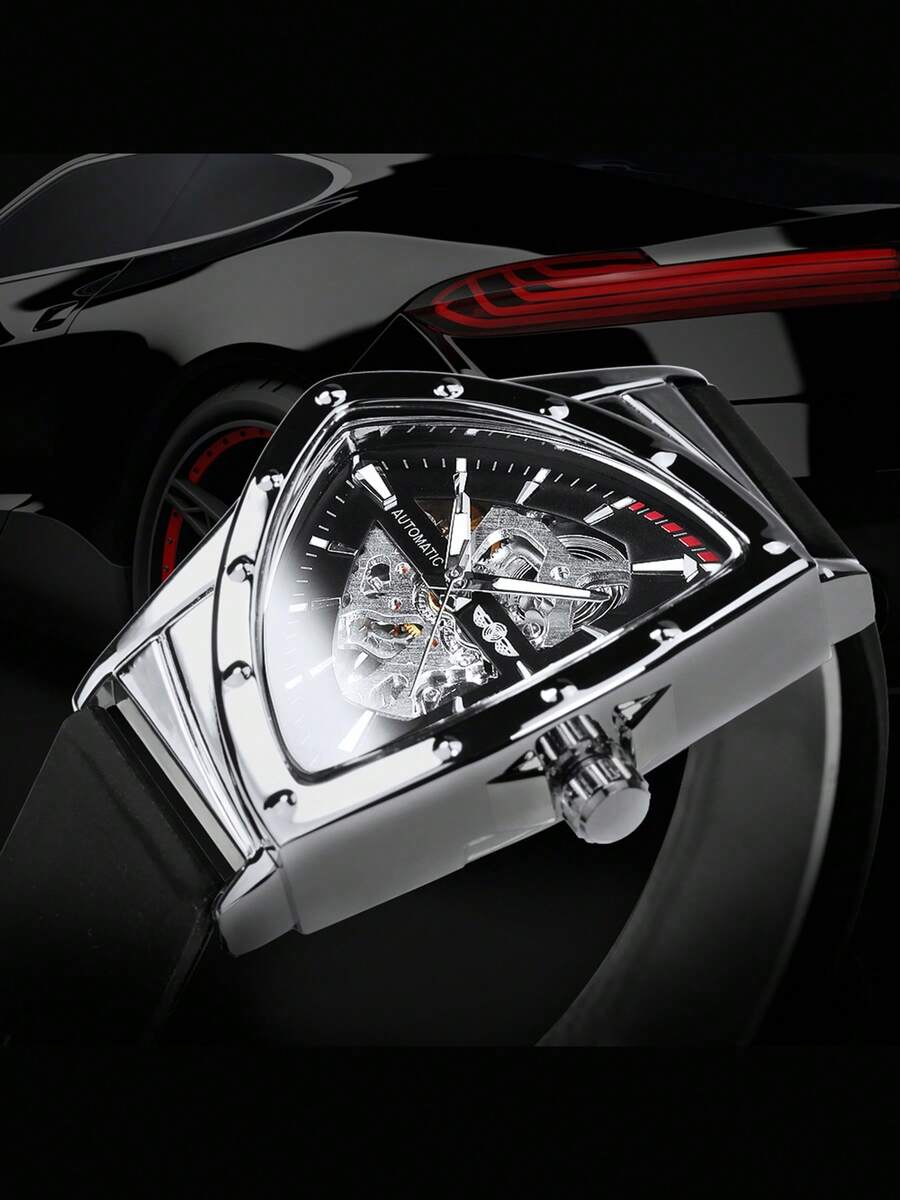 T-WINNER 1pc Fashionable Sports Mechanical Men's Watch, Luminous Pointer, Rubber Strap, Business Casual Automatic Mechanical Watch, Gift Box