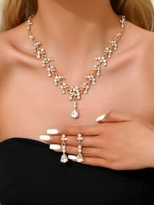 3件套奢华婚礼派对女士礼服水钻装饰珠宝时尚闪亮项链耳环套装，舞会礼服珠宝配饰 - 金色 - 查看 9