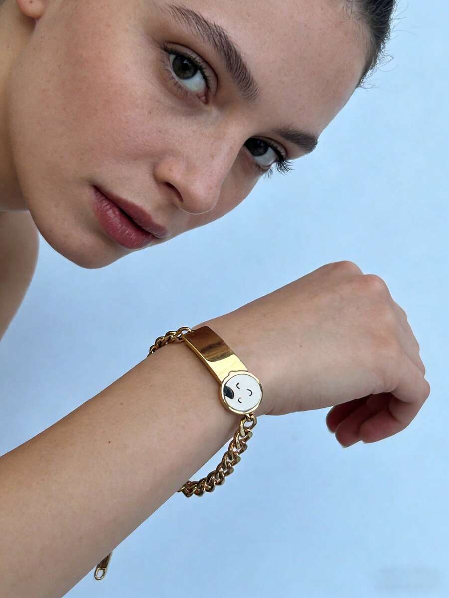 1件笑脸男孩手链，可调节链条饰品，不锈钢笑脸标签手链 - 彩色 - 查看 1