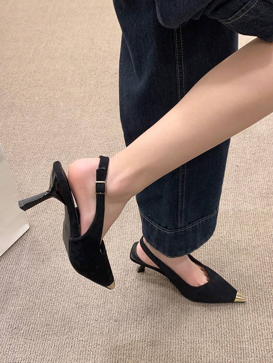 2025 New Metal Splice French Stiletto Pointed Toe Slingback Pumps, Gorgeous Black High Heels, Ladies High Heel Sandals - Black - View 1