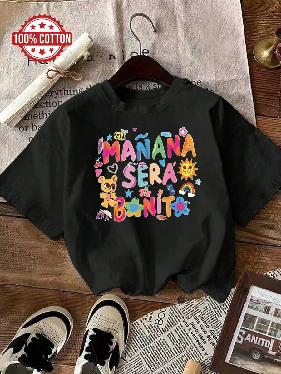 女士休闲彩色“明天会更好”印花T恤，独特的“迪斯科热潮”彩色印花，春夏新品 - 黑色 - 查看 1