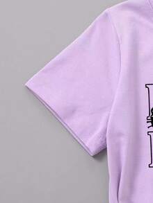女童休闲蝴蝶字母印花短袖T恤，适合夏季度假和日常通勤 - 淡紫色 - 查看 5