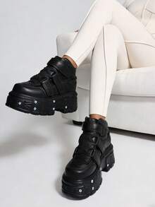 Women's Platform Biker Boots Lace Up Motorcycle Ankle Boots Black Metal Combat Y2K Goth Punk Booties Fashion Shoes Outdoor Footwear Rock Boots - 黑色風格2 - 查看 5