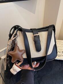 حقيبة كتف نسائية جديدة عصرية بتصميم ألوان متباينة، تتميز بتعليقة قابلة للإزالة بشكل فنجان قهوة. الحزام قابل للتعديل، مصمم بشكل هلالي، ويأتي مع سحاب معدني ناعم. - الأسود - مشاهدة 9