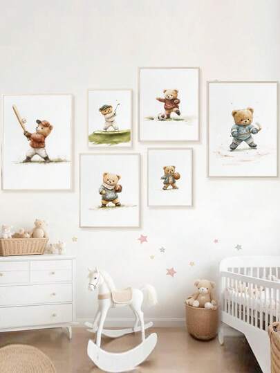 1幅帆布墙画 - 儿童房装饰 - 婴儿用品 复古运动泰迪熊儿童房艺术印刷品 带框婴儿房墙画 非常适合游戏室装饰、婴儿房装饰、日托中心装饰、幼儿园装饰、男孩房装饰、女孩卧室装饰