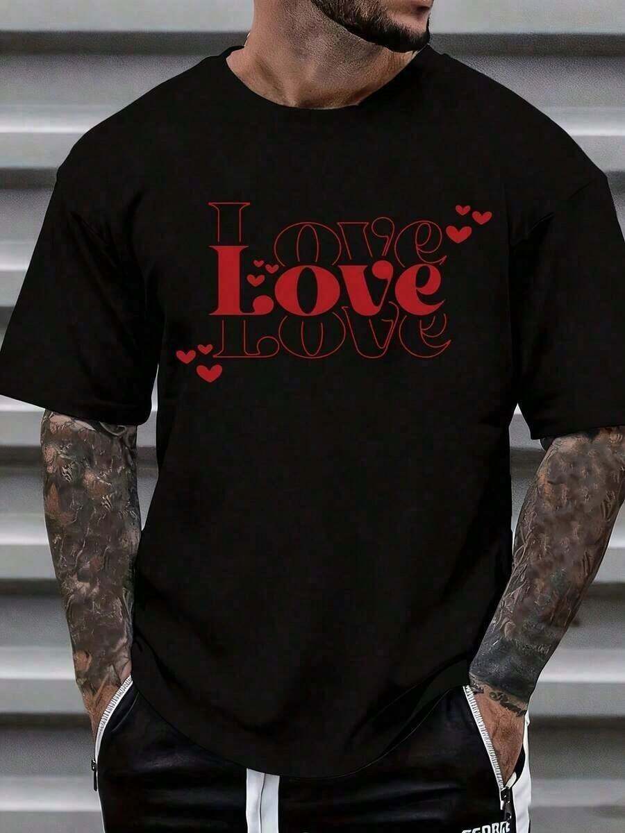Graphic Cotton T-Shirt Love Love Love Heart Print T Shirt For Men Valentine Day Gift Romantic Fashion Casual Top White Red Design Y2K,Oversize Plus Size Men's S To 5XL,Summer Tee - Black - View 1