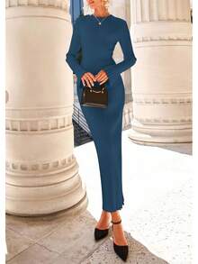 2026 Women's Fall Winter Bell Sleeve Crew Neck Ribbed Knit Bodycon Sweater Maxi Dress - 深藍色 - 查看 5