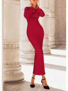 Vestido maxi de punto de cuello redondo y manga de campana, ajustado al Body, para mujer, otoño-invierno 2026 - Rojo - Ver 4