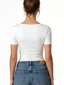 Women's Slash Neck Tops Summer Short Sleeve Solid Color  Slim Fit Ruched T-Shirt - Blanco - Ver 6