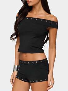 Women Summer Matching Set Grommet Off The Shoulder Studded Short Sleeve Top And Low Rise Micro Shorts Studded 2 Piece Lounge Set Clothing Daily Party Club Beach Vacation Holiday Going Out Streetwear - 黑色 - 查看 2