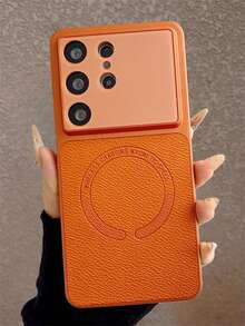 奢华复古纯色荔枝纹磁吸无线充电手机壳，兼容三星 Galaxy S26 Ultra、S25 Ultra、S24 Ultra、S26、S25、S24 Plus、S26、S25、S24，简约大窗口保护，人造革磨砂防摔后盖 - 橘色 - 查看 3