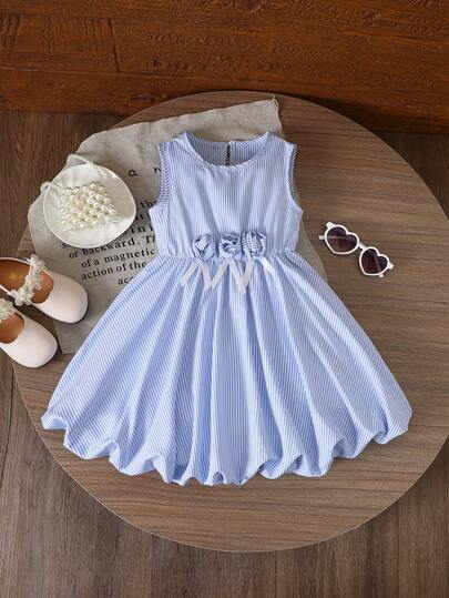 Girls' Casual Minimalist Collegiate Style 3D Rose Flower Decor Striped Print Round Neck Sleeveless Ruffle Hem Dress, Summer
