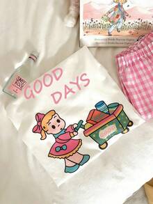 AICJ 两件套女士新款卡通女孩与英文字母印花睡衣套装，短袖圆领T恤，格子家居裤，休闲舒适，可机洗家居服套装 - 粉色 - 查看 4