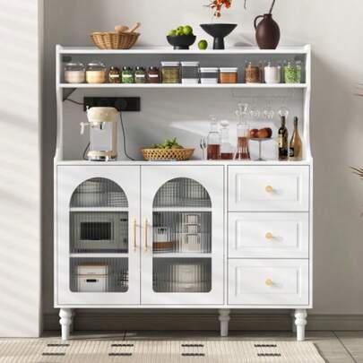 Tall Cabinet With Sockets And Drawers, Bar Cabinet With Wine Glass Holders And Storage Space, Kitchen Sideboard With Adjustable Shelves, Ideal For Kitchen And Dining Room (White)