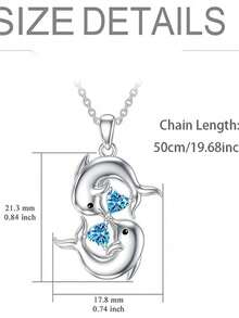 1件优雅励志设计，两只嬉戏海豚造型 - 轻盈奢华的蓝色心形水晶吊坠项链，百搭颈链，是夏季郊游、海滩度假、母亲节礼物、情人节礼物的理想之选。 - 銀色 - 查看 2