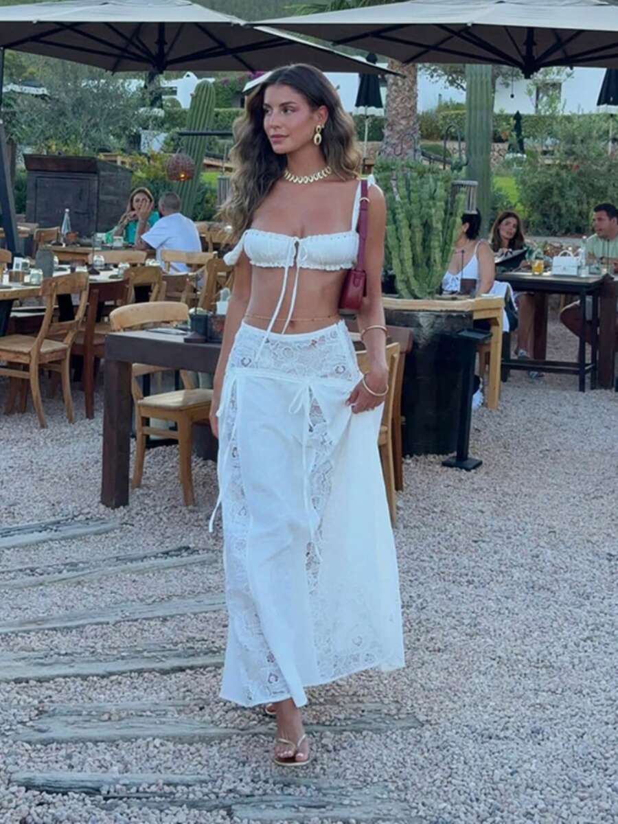 Maxi Skirt Sets Women 2 Piece Outfits Wide Strap Sleeveless Tie-Up Crop Tank Top Bra With High Waist Lace Patchwork Maxi Skirt Set - 白色 - 查看 1