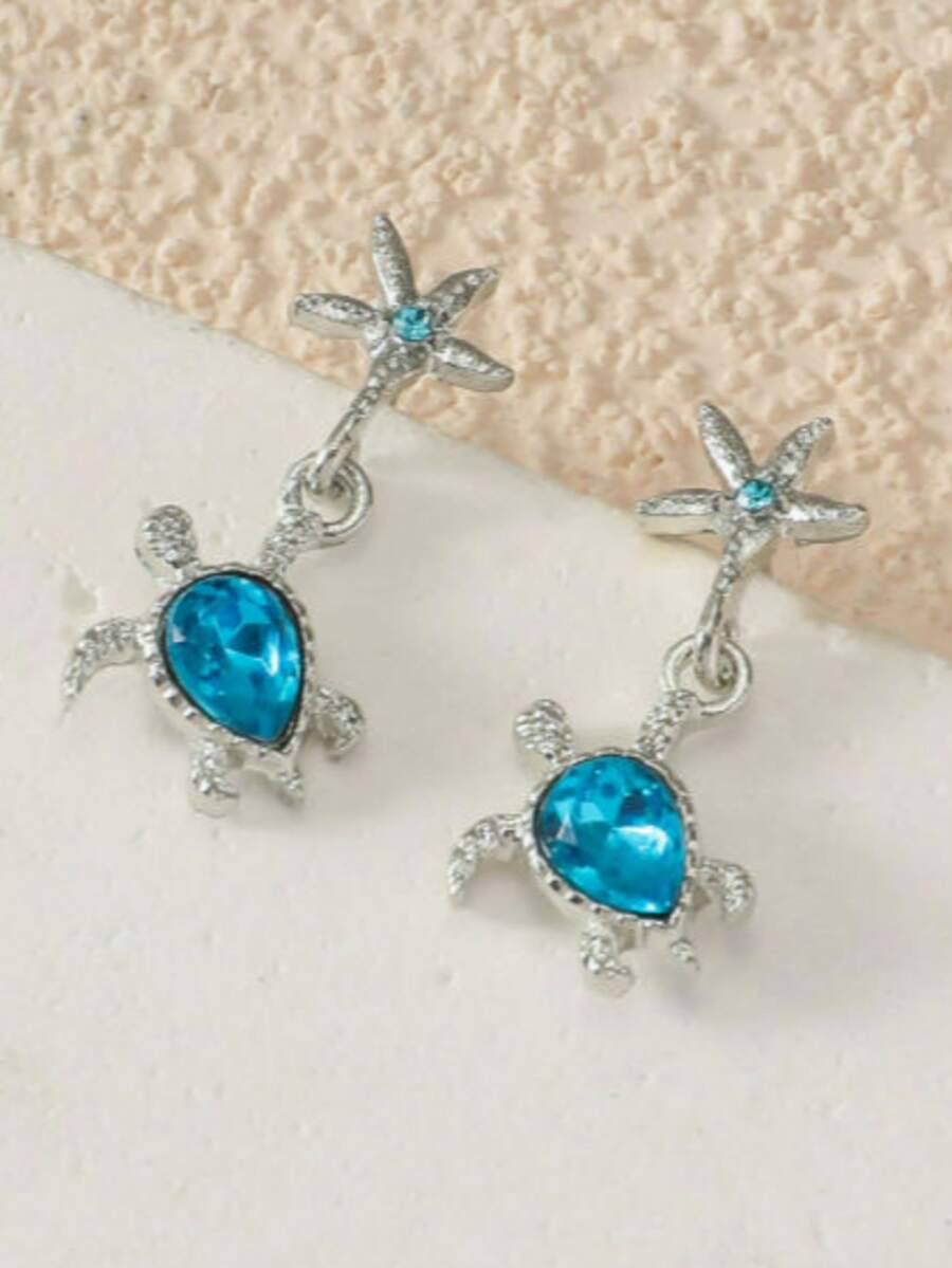 1 Pasang Anting-Anting Kartun Lucu Serbaguna Gaya Pantai Liburan Laut Bertema Kura-kura & Bintang Laut - Baby Blue - View 1