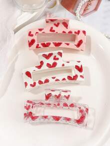 3pcs/Set Valentine's Day Pink Heart Heat Transfer Print Hair Claw, Minimalist Square Hair Clip, Sweet & Cute Streetwear, Everyday Hair Accessory - Multicolor - View 5