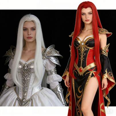 耐热合成超长分层直发红白动漫角色扮演假发，适合日常派对佩戴，时尚女士女王装扮假发，新手友好，外观自然逼真，电影游戏卡通人物通用假发，适用于节日、动漫展、展览和表演道具，是圣诞节、生日、节日庆典、婚礼装饰的理想礼物。