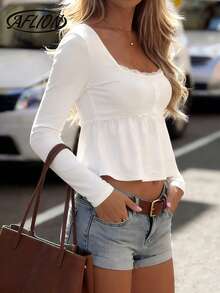 Aflion Áo thun ngắn tay nữ mùa xuân/hè phối ren, bèo nhún, kiểu dáng tối giản, màu trắng cơ bản, thích hợp cho các buổi đi chơi, hẹn hò, mua sắm, lễ hội và tiệc tùng. - trắng - Xem 6