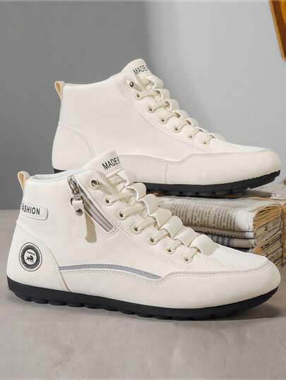 男士休闲运动鞋，2026新款平底增高耐磨舒适男士运动鞋，高帮圆头侧拉链PU皮防水防油舒适男士高帮皮靴，缝线松紧带设计户外商务日常通勤男士运动鞋