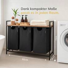 Roxlin Wäschekorb mit 3 Fächern – Wäschesammler mit Deckel & Ablage – Wäsche Sortierer aus Metall – Schmutzwäsche Organizer für Bad, Schlafzimmer, Waschküche - Schwarz - Übersicht 1