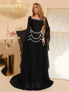 Modphy Vestido de fiesta de manga larga con hombros descubiertos, pedrería y cristales, estilo capa, para mujer, color negro, para bodas y fiestas de primavera, nuevo otoño 2024 - Negro - Ver 2