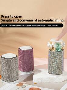 klimonla 1pc Diamond Studded 4-Compartment Cotton Swab Storage Tube, Can Hold Tissues, Cotton Balls, Cotton Swabs, Dental Floss, Bandages, Round 4-Grid Storage Canister - Multicolor - View 2