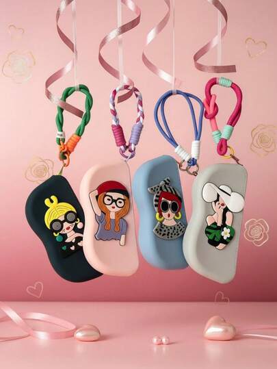 1 pieza Estuche de gafas de silicona con decoración de niña bonita, resistente al agua, portátil para exteriores, bolsa de almacenamiento de gafas de moda, cuerda trenzada creativa, estuche de gafas de moda con dibujos animados, monedero, bolsa para lápiz labial, bolso, estuche para teléfono