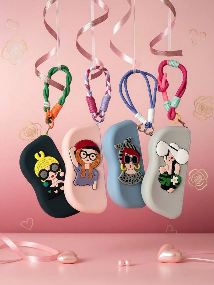 1个精美少女装饰硅胶可爱眼镜盒，防水，便携户外，时尚眼镜收纳袋，创意编织绳，卡通时尚眼镜袋，零钱包口红袋，手提包，手机袋，化妆包，旅行必备 - 彩色 - 查看 1