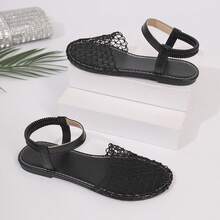 Women's Flat Hollow Fishnet Sandals, Closed Toe, Breathable, Fashion, Versatile, Solid Color, Classic - Black - View 2