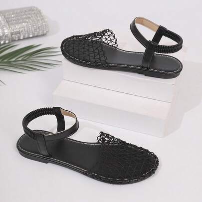 Women's Flat Hollow Fishnet Sandals, Closed Toe, Breathable, Fashion, Versatile, Solid Color, Classic