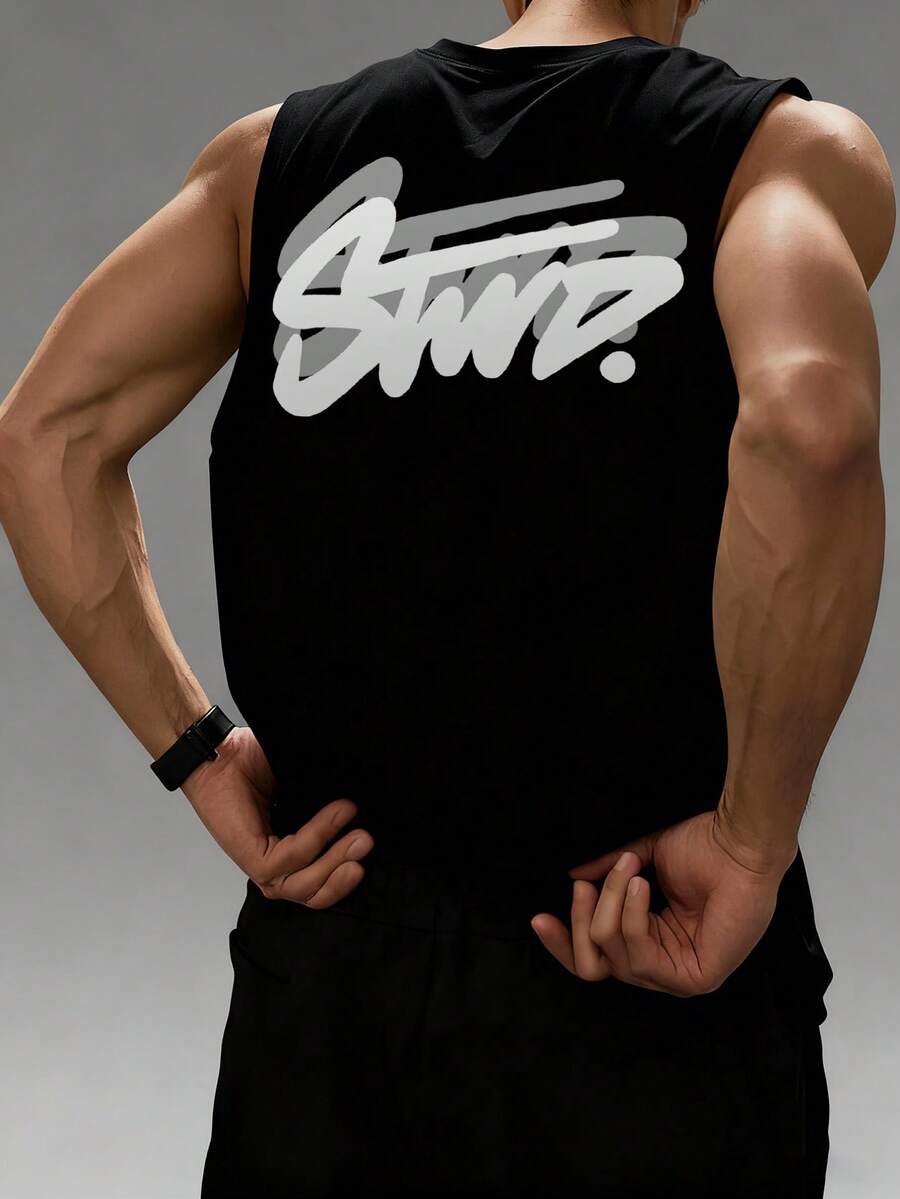 Men's Fashionable Versatile Street Casual Letter Print Round Neck Tank Top - Black - View 1