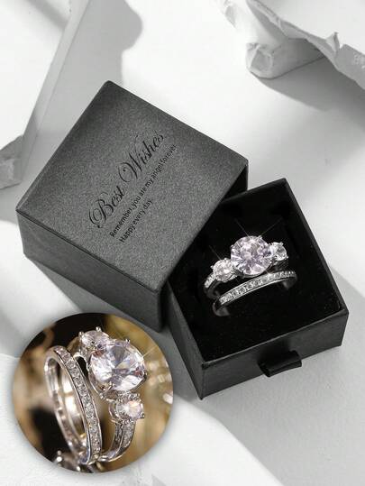 2pcs/Set Luxury Cubic Zirconia Ring Set, Sparkling Engagement Rings, High-End Women's Rings For Wedding, Party, Made Of Copper, Great Gift For Birthday, Valentine's Day