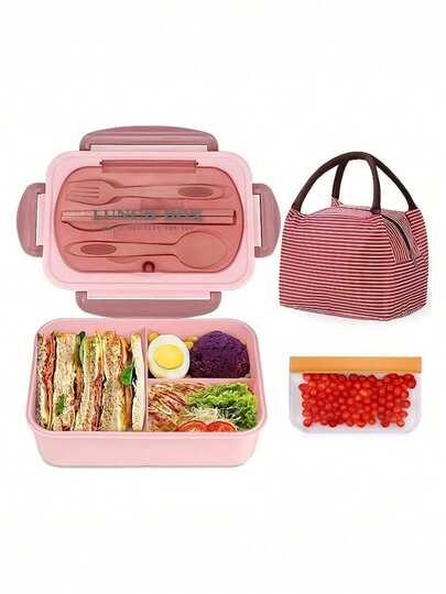 A Complete Set Of Lunch Box, Including Utensils And Bag, Insulated Including Lunch Box+Cutlery+Insulated Bag+Snack Bag+Rice Spoon, 1200ml Large Capacity For Office And School Use