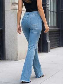 女士秋季新款中腰深蓝色破洞喇叭牛仔裤，裤脚带流苏，修身显瘦，高街风格休闲长裤 - 淺色水洗藍 - 查看 2