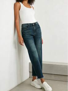 Straight Wide Leg Jeans For Women Mid Waisted Casual Raw Hem Denim Capris Pants With Pockets - 黑色 - 查看 4