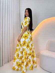Long -Style Dress With Printed Sleeves - Yellow Flowers - View 3