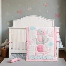Pink Elephant 3 Piece Crib Bedding Set For Baby, Nursery Set By Heseam - Hồng - Xem 8