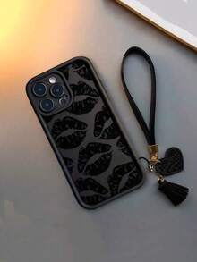 1pc Lip Print Delicate Textured Thick Anti-Drop Painted Phone Case With Detachable Leather Heart Wrist Strap DIY Pendant Charm, Suitable For IPhone XR/11/12/13/14/15 Plus, 16 Pro Max, 17 Air Series - Multicolor - View 4