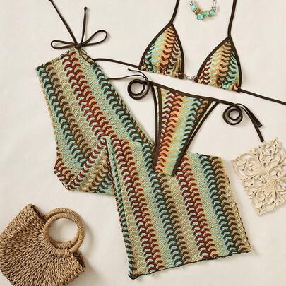 2026新款时尚泳衣套装，含泳裤，防紫外线，性感复古沙滩水疗度假三件套泳装