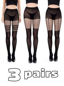 3pcs Sexy Hollow Pantyhose, Hollow Suspender Fishnet Stockings, Nightclub Goth Black Lace Fishnet Tights (Fits 0XL-2XL, Up To 135lbs) - Multicolor - View 6