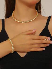 4件套单排水钻项链、耳环、手链首饰套装，时尚新娘婚礼派对礼服配饰