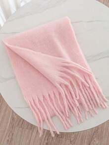 1pc Solid Color Scarf, Warm Neck Accessory, Thick Knitted Fringed Shawl, Wearable For Winter - 淺粉色 - 查看 1
